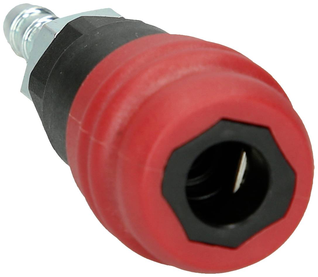 Sprzęgło pneumatyczne z czerwonym płaszczem ochronnym, cylindryczny kształt, metalowy element przyłączeniowy. Odpowiednie do systemów pneumatycznych.