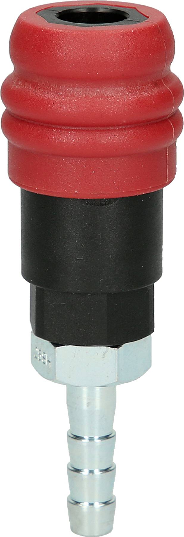 Czerwony i czarny element szybkozłączki z metalowym zakończeniem. Używany do łączenia przewodów.