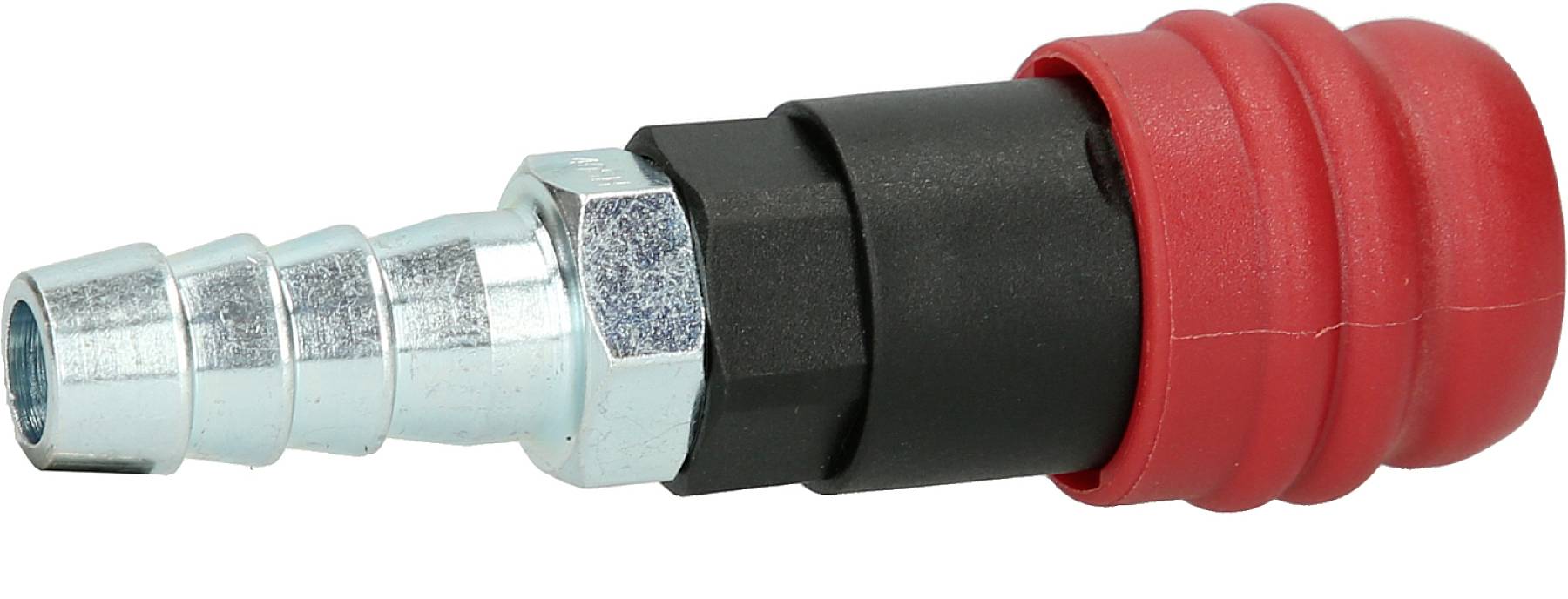 Na ilustracji przedstawiono metalową złączkę wężową z czerwonym uchwytem z tworzywa sztucznego.