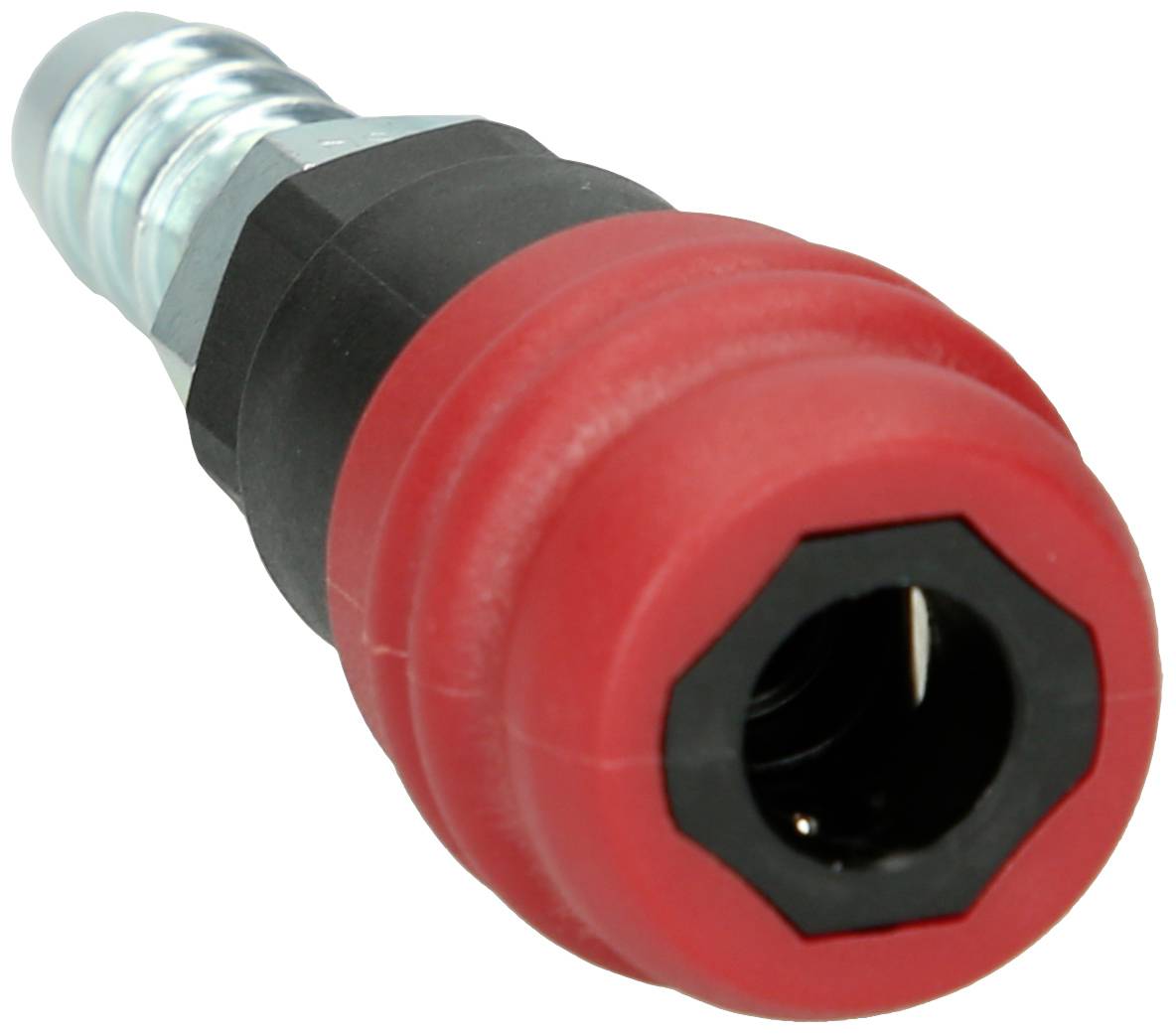 Metalowy złącz przewodu z czerwonym, izolacyjnym pokryciem z tworzywa sztucznego. Nadaje się do systemów sprężonego powietrza lub hydraulicznych.