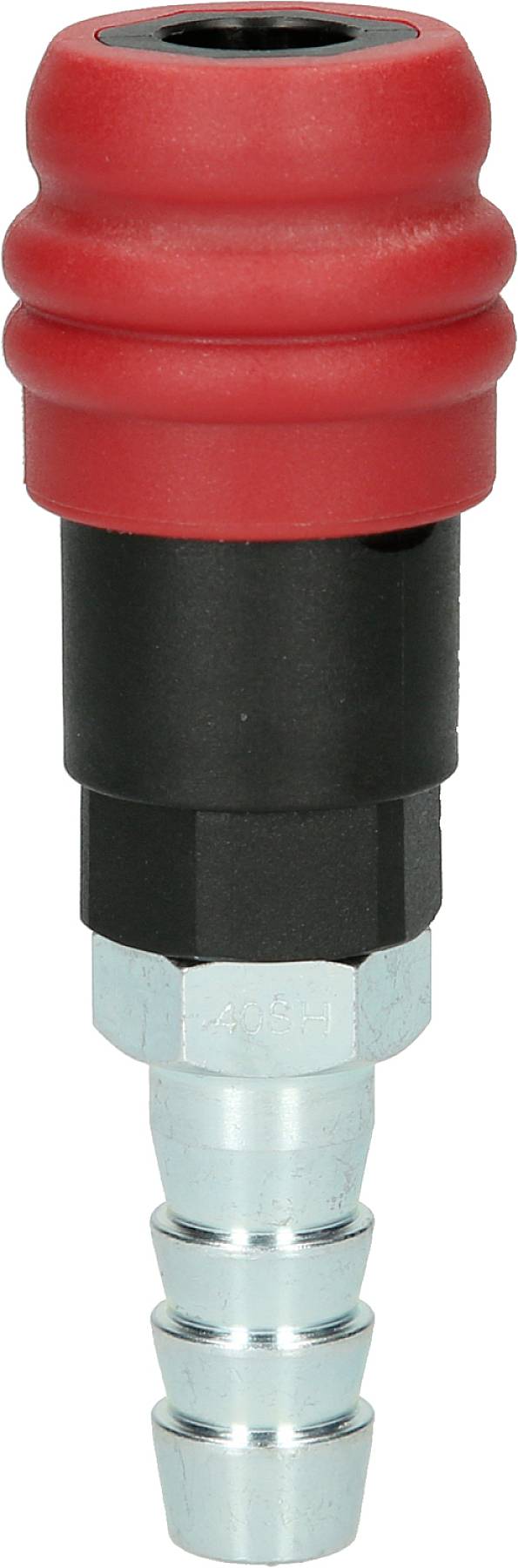 Czerwony i czarny metalowy i plastikowy złącz pneumatyczny o kształcie cylindrycznym, używany do łączenia przewodów pneumatycznych.