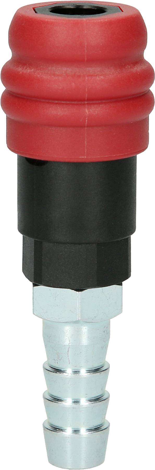 Czerwony wtyk szybkozłącza pneumatycznego z gwintem metalowym, stosowany do szybkiego podłączania narzędzi pneumatycznych i węży.