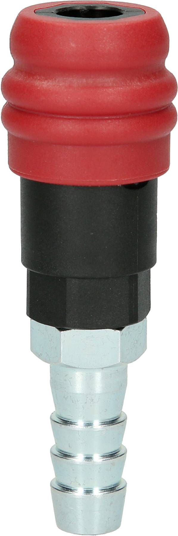 Metalowy złącz z czerwonym i czarnym pokryciem z tworzywa sztucznego, odpowiedni do podłączania węży lub narzędzi.