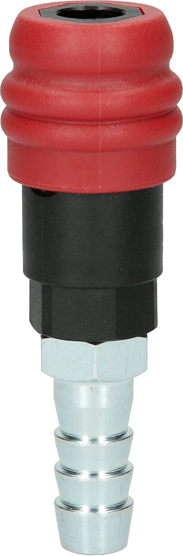 Czerwony adapter szybkozłączny do sprężonego powietrza z czarną częścią środkową i srebrnym złączem. Idealny do szybkiego łączenia przewodów.