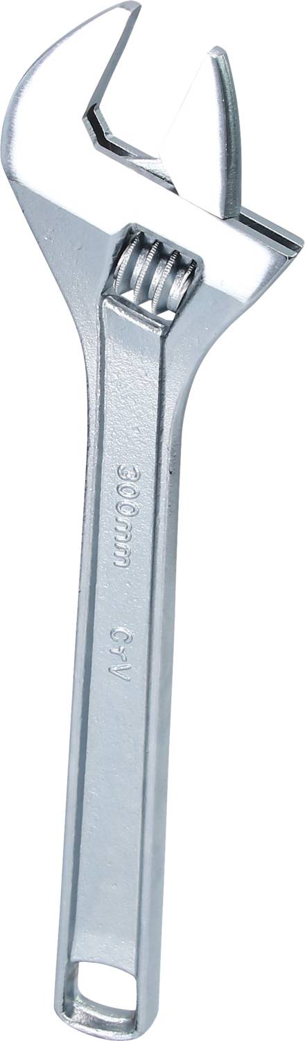 Regulowany klucz nastawny z metalu, przystosowany do obsługi różnych rozmiarów śrub, przedstawiający rozwarty uchwyt.