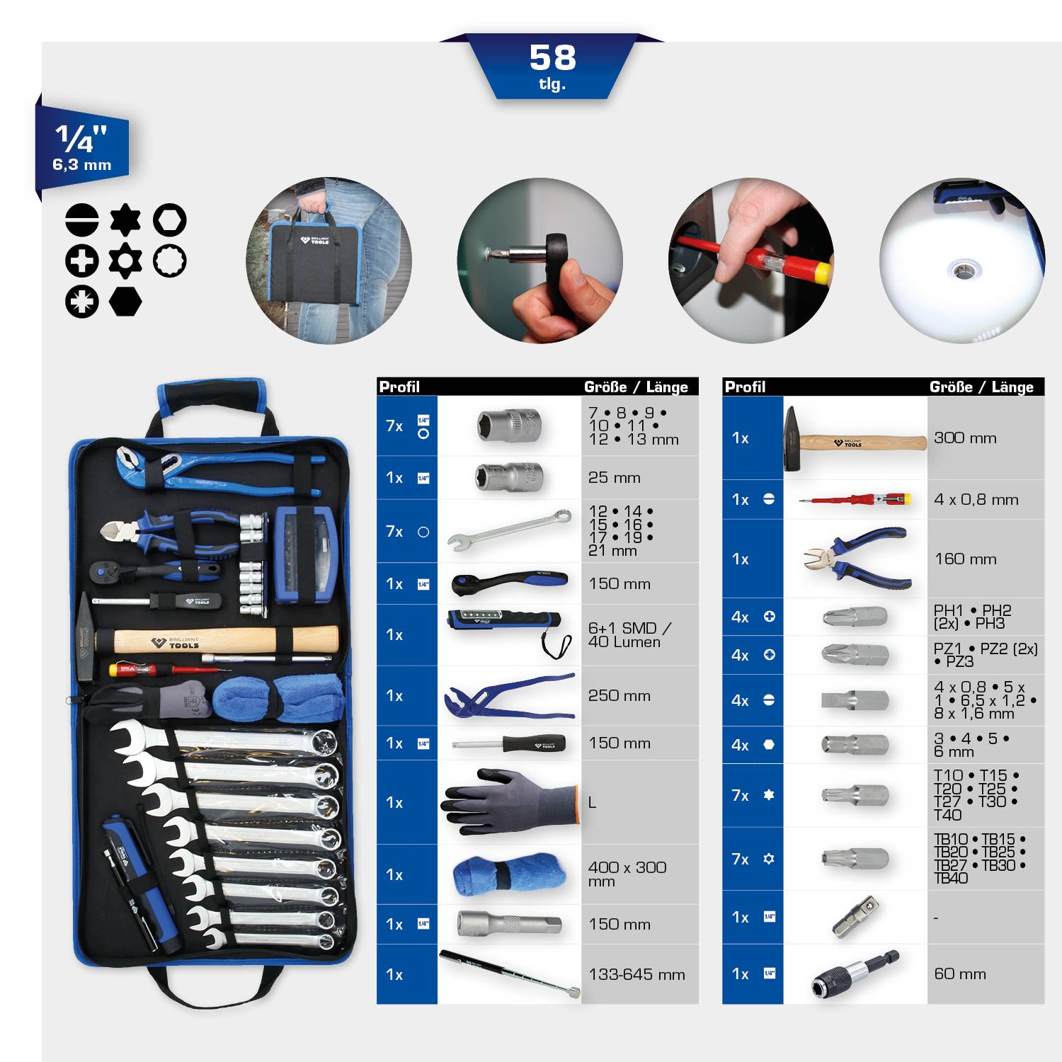 Zestaw narzędzi składający się z 58 części, w tym klucze, nasadki, szczypce, śrubokręty i rękawice robocze, w przenośnej torbie.