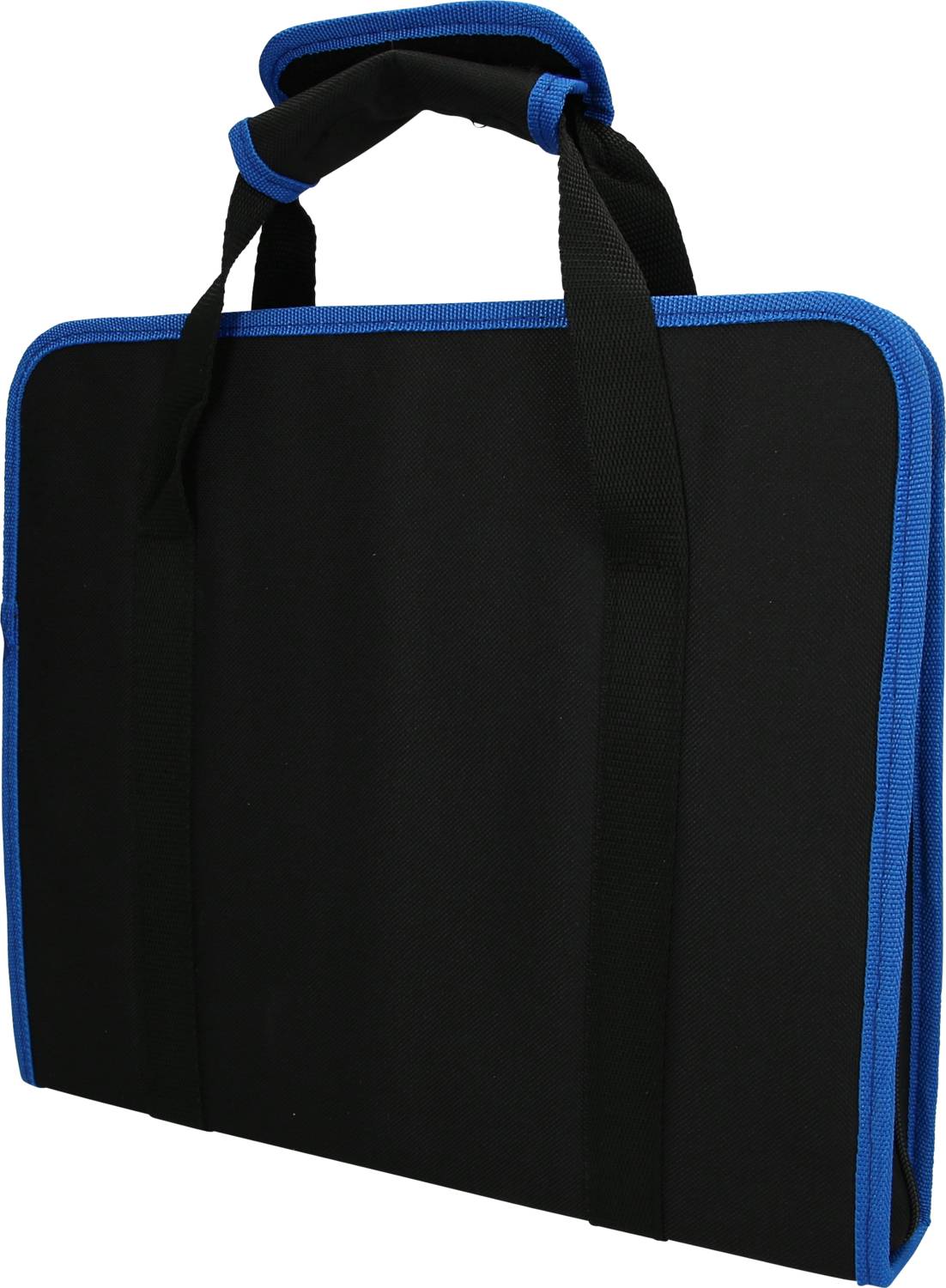 Czarna torba na ramię z niebieskimi lamówkami i dwoma czarnymi uchwytami, odpowiednia do przewożenia laptopów lub dokumentów.