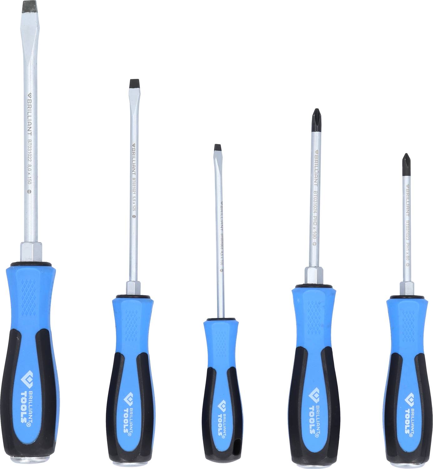 Pięć wkrętaków w różnych rozmiarach ze złożonymi na niebiesko uchwytami, stojącymi obok siebie.