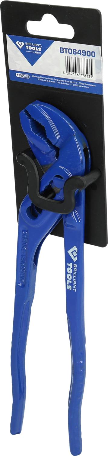 Niebieskie szczypce nastawne marki Brilliant TOOLS, model BT064900, na czarnej karcie opakowaniowej.