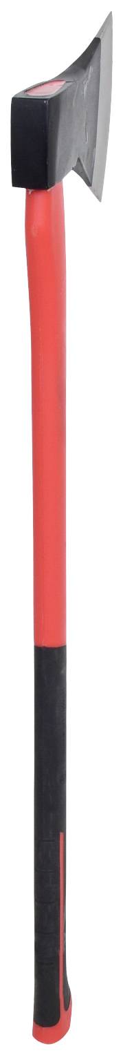 Czerwona siekiera z czarną głowicą i uchwytem, przedstawiona w pozycji pionowej na białym tle.