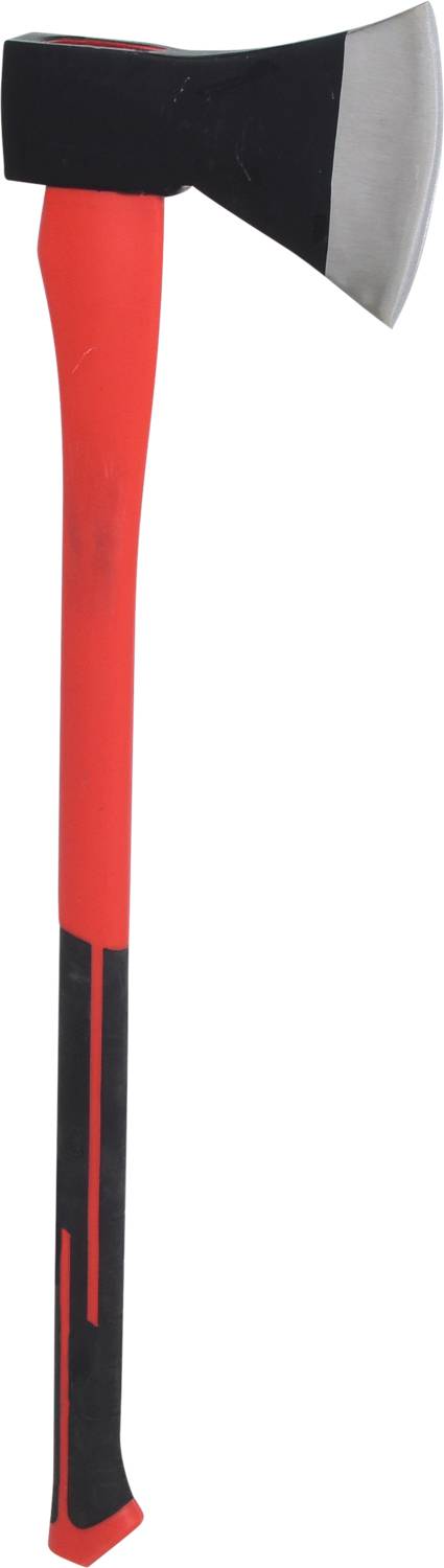 Czerwona siekiera z czarną głowicą, metalowym ostrzem i długą rękojeścią.