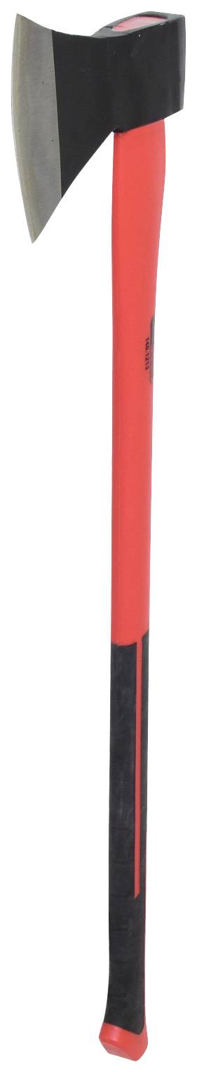 Topór z czerwoną rączką i czarną głowicą, widziany pionowo.