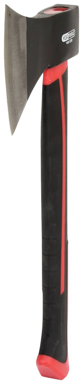Siekiera z czarnym uchwytem i czerwonym akcentem, odpowiednia do prac leśnych.