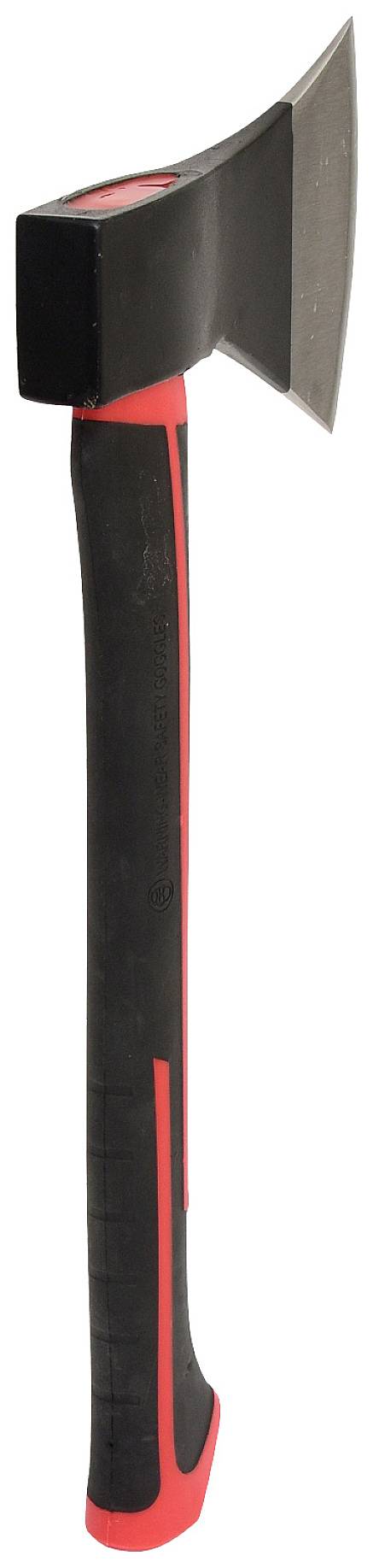 Topór z czarną głowicą i czarno-czerwonym uchwytem, ustawiony pionowo.