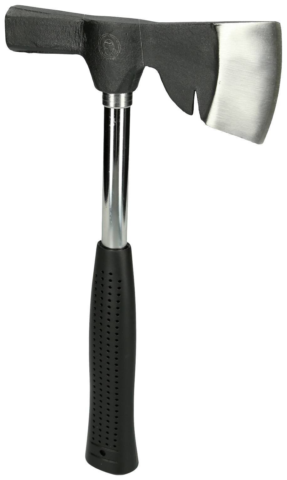 Siekiera z czarnym uchwytem i lśniącą głowicą, odpowiednia do prac przy drewnie lub aktywności na świeżym powietrzu.
