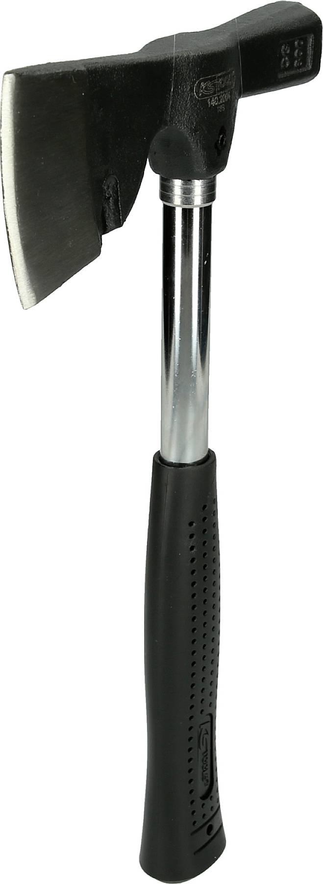 Siekiera z czarną głowicą i srebrnym uchwytem, odpowiednia do prac drewnianych lub zajęć na świeżym powietrzu.