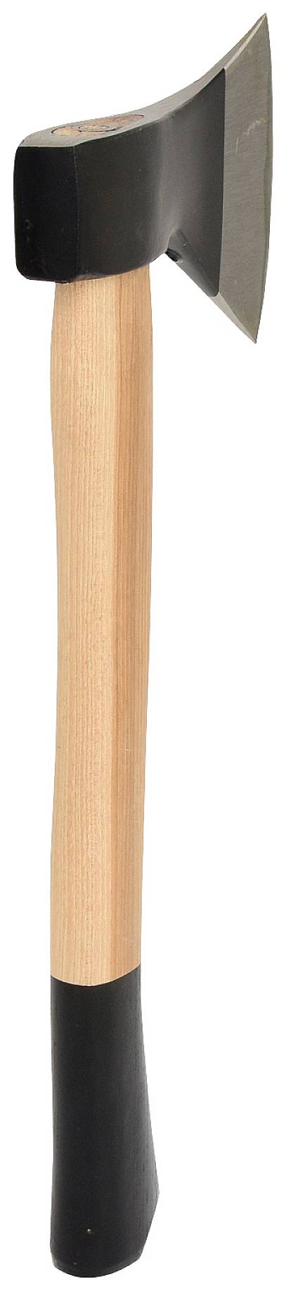 Siekiera z drewnianą rękojeścią i czarną głowicą, stojąca pionowo.