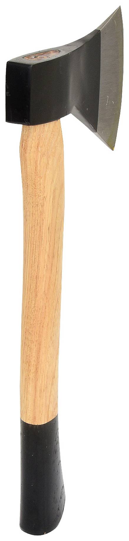 Siekiera z jasnym, drewnianym uchwytem i czarną głowicą, stojąca pionowo.