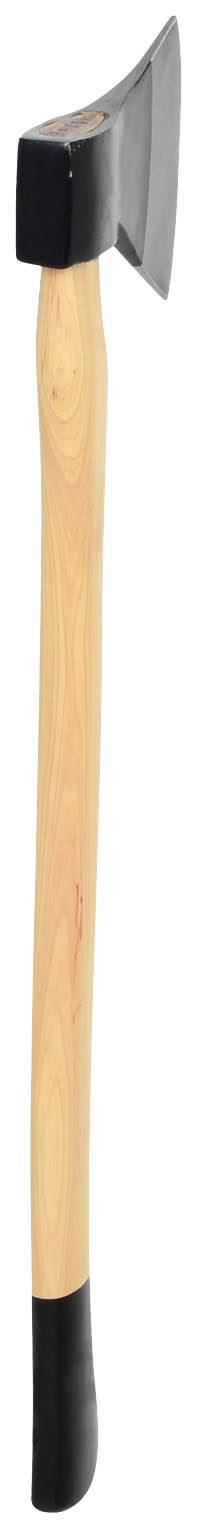 Siekiera drewniana z długą drewnianą rączką i czarną głowicą, stojąca w pozycji pionowej.