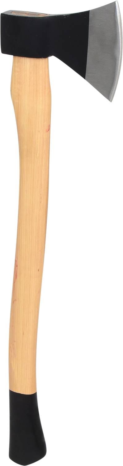 Siekiera z drewnianym uchwytem i ostrym metalowym ostrzem, odpowiednia do rąbania drewna.