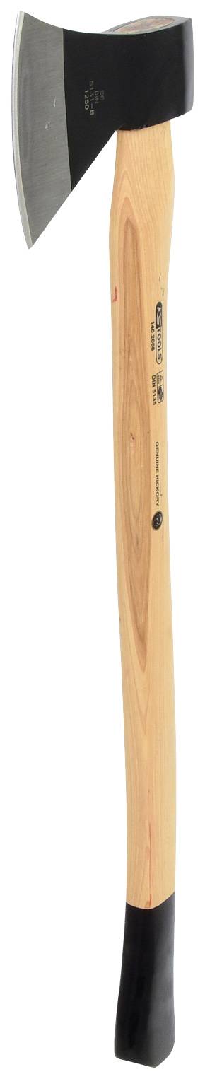 Siekiera z drewnianym uchwytem i czarną metalową głowicą.