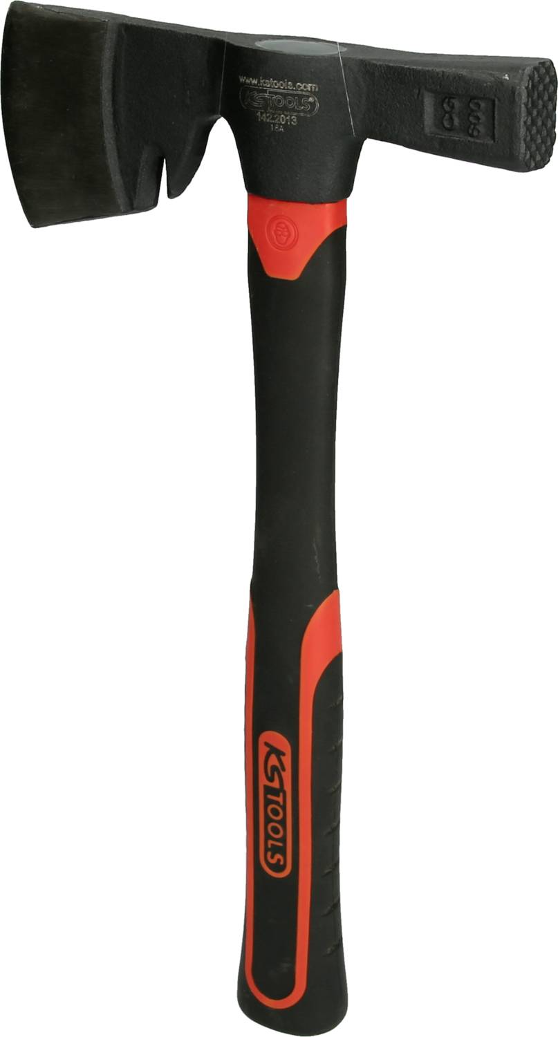 Siekiera z czarną głowicą i czerwonym uchwytem, sygnowana marką 'KS Tools', odpowiednia do prac drewnianych lub ogólnych projektów majsterkowiczów.
