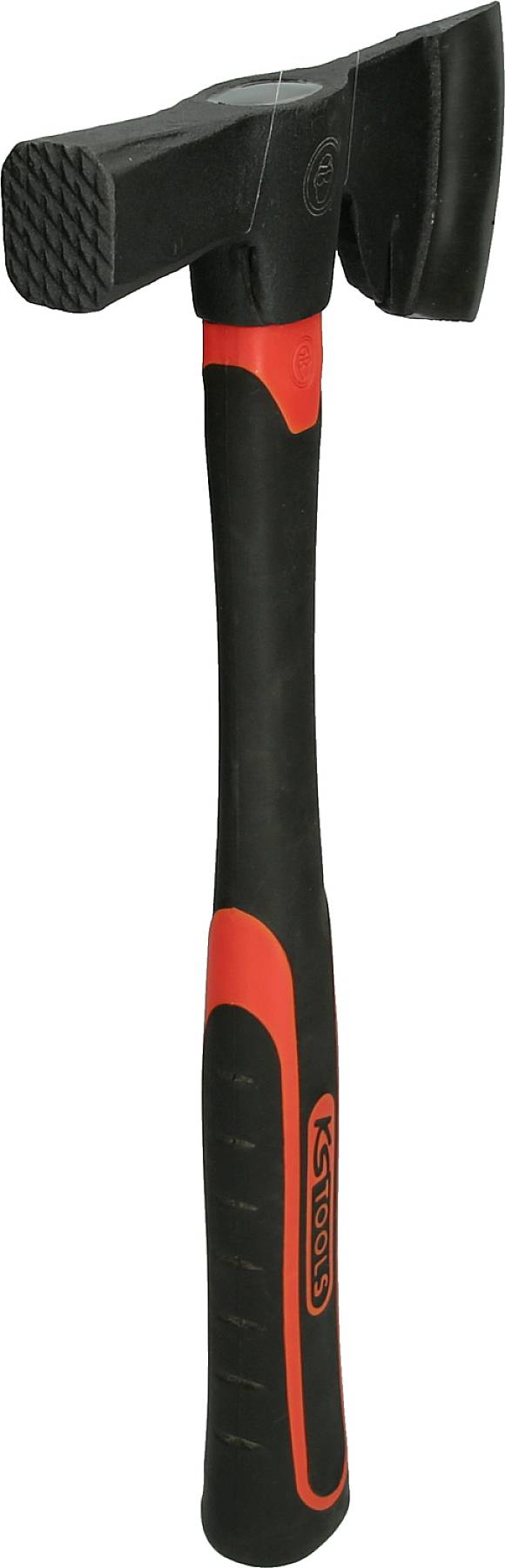 Czarny młot z czerwoną rękojeścią, odpowiedni do ciężkich prac budowlanych.