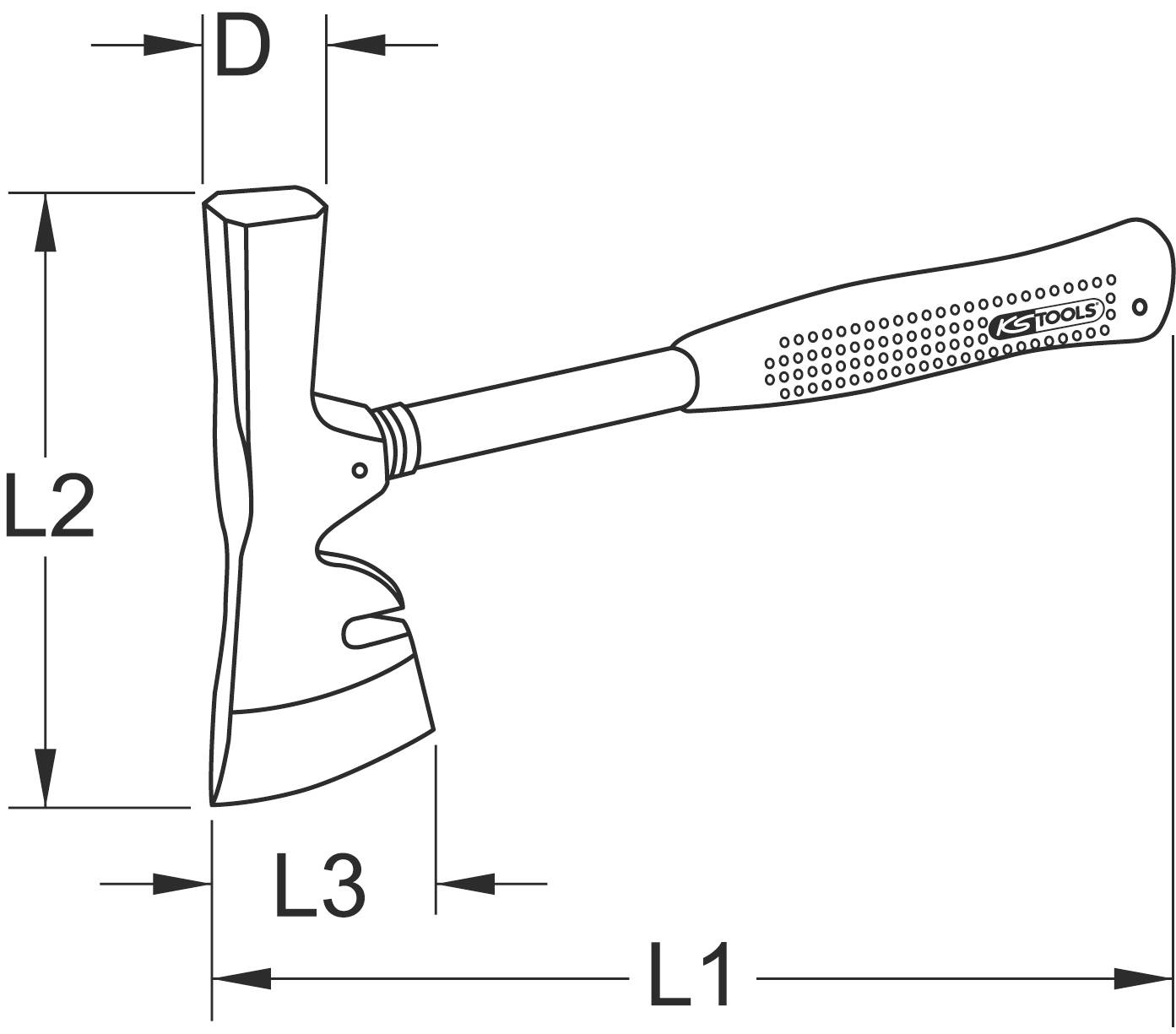 Diagram siekiery z opisami: L1 dla rękojeści, L2 dla wysokości głowicy siekiery, L3 dla długości głowicy siekiery, D dla grubości głowicy siekiery.
