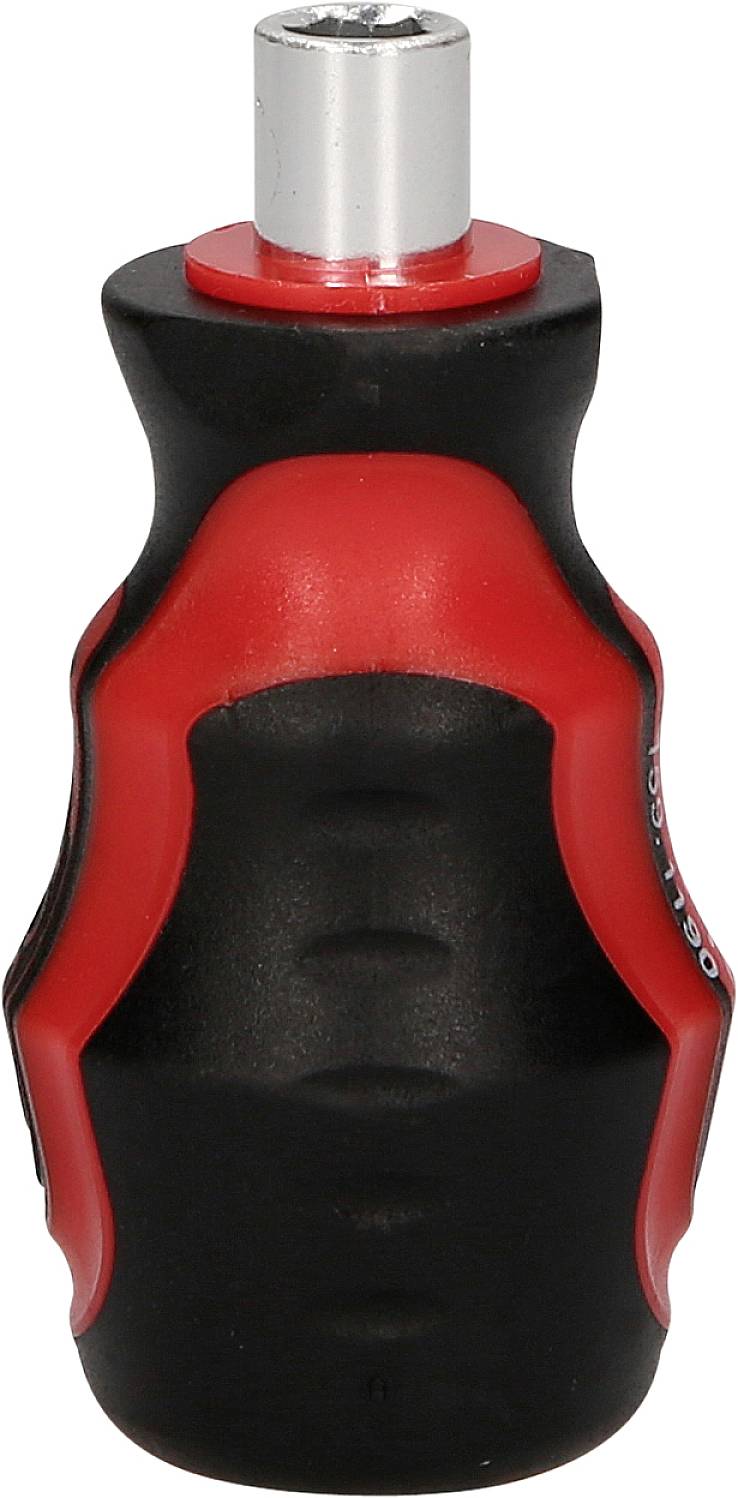 Czerwono-czarny uchwyt wkrętaka o ergonomicznym kształcie, przystosowany do różnych bitów, przedstawiony w pozycji pionowej.