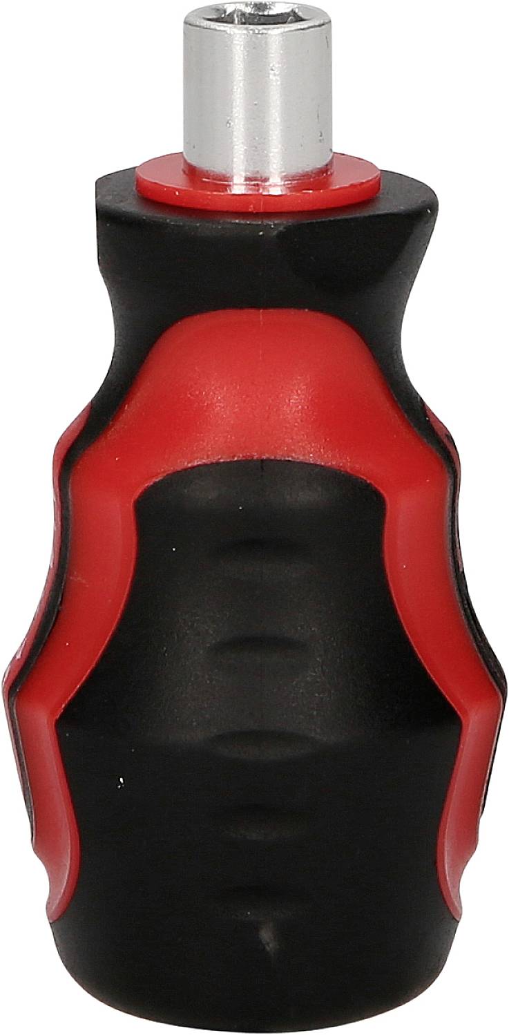 Ergonomiczny uchwyt wkrętaka w kolorach czarnym i czerwonym, z srebrną metalową wstawką u góry, sfotografowany na białym tle.