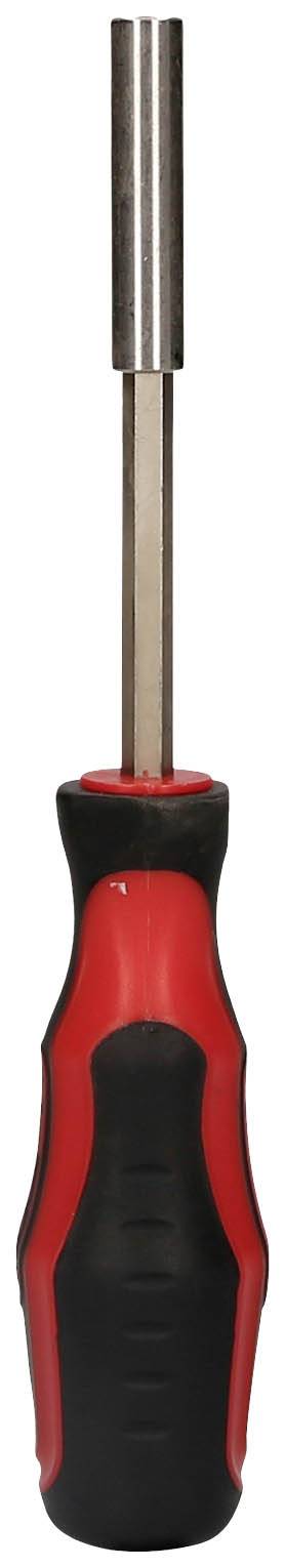 Czerwony i czarny śrubokręt z ergonomicznym uchwytem i metalową końcówką do wkręcania śrub.