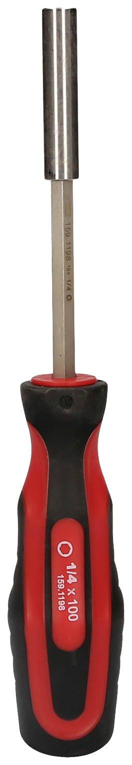 Śrubokręt z czarną i czerwoną rękojeścią, metalowe ostrze skierowane do góry.