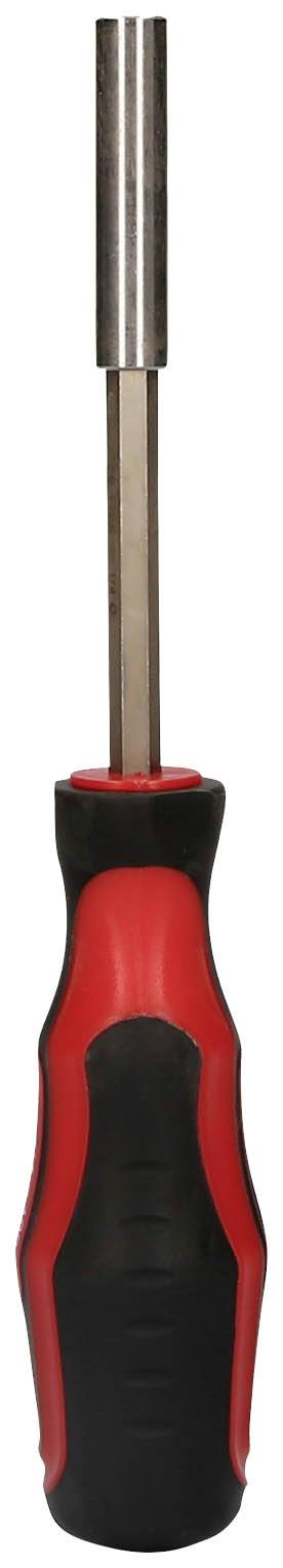 Śrubokręt z czerwoną i czarną rękojeścią, przydatny do wielu prac rzemieślniczych. Metalowy trzpień jest długi i wąski.