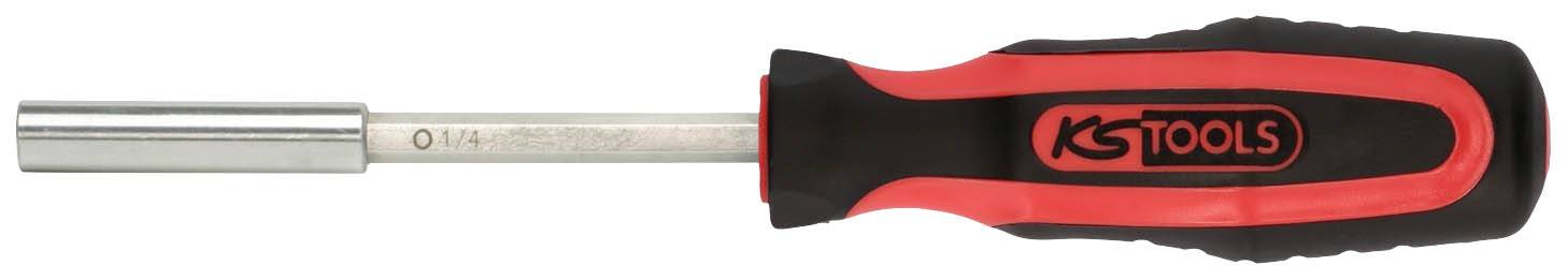 Wkrętak z czerwonym i czarnym uchwytem oraz srebrnym ostrzem marki KS Tools.