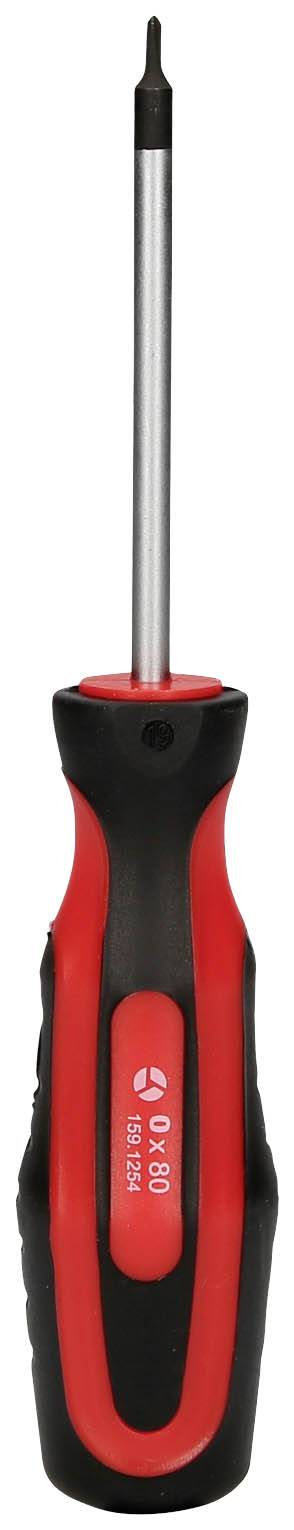 Wkrętak w kolorach czerwonym i czarnym z małą krzyżową końcówką.