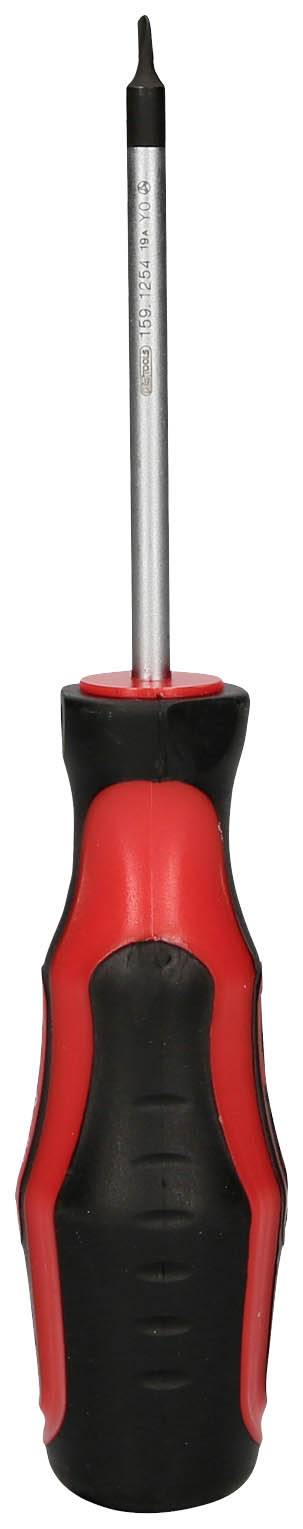 Czerwony i czarny wkrętak z czarną rękojeścią i wąską, długą metalową główką, ustawiony pionowo.