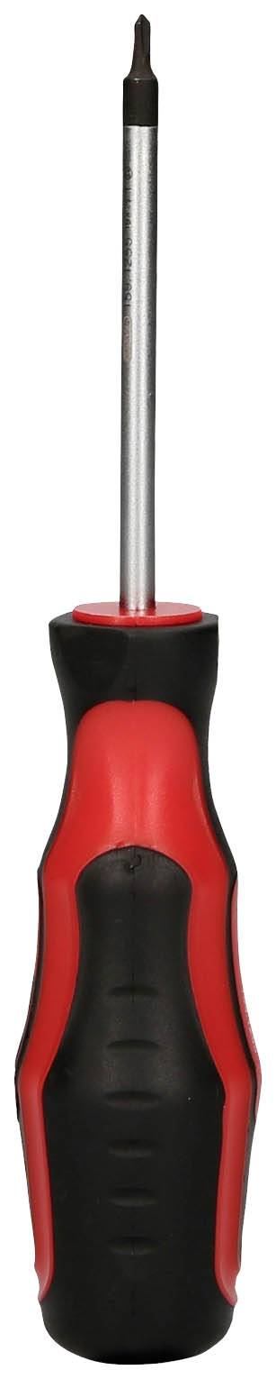 Wkrętak krzyżakowy z czarną i czerwoną rękojeścią. Odpowiedni do użycia przy wkrętach z rowkiem krzyżowym.