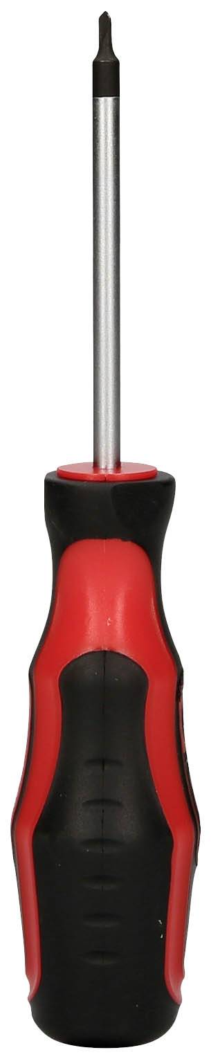 Czerwono-czarny śrubokręt z ergonomicznym uchwytem, odpowiedni do różnych prac rzemieślniczych.