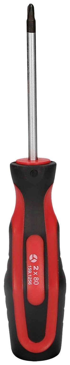 Czerwony i czarny wkrętak krzyżakowy z ostrzem krzyżowym, ergonomiczną rękojeścią i napisem 'PH2 x 100 mm'.