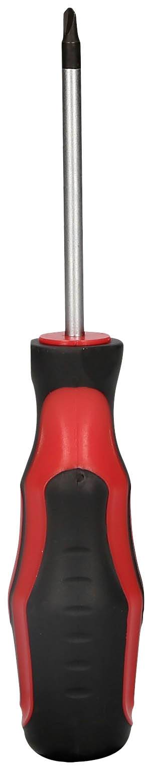 Wkrętak krzyżowy z czarnym uchwytem i czerwonymi akcentami. Odpowiedni do wkręcania lub wykręcania śrub z gniazdem krzyżowym.