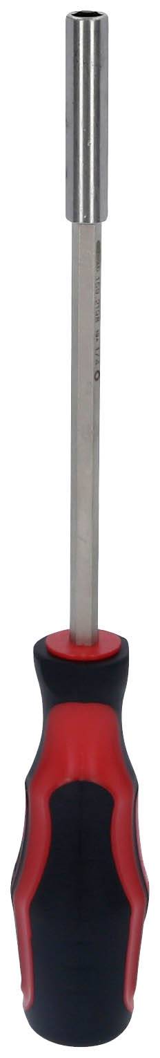 Czerwony i czarny śrubokręt z ergonomicznym uchwytem, odpowiedni do prac wymagających precyzji i komfortu.