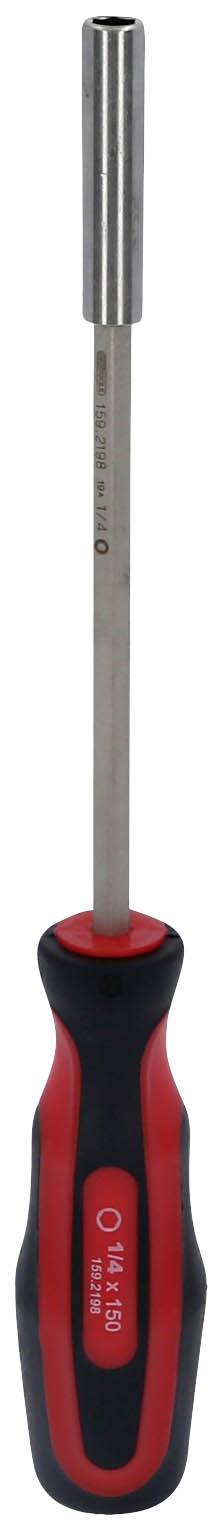 Wkrętak z czerwonym i czarnym uchwytem, z długim metalowym grotem.