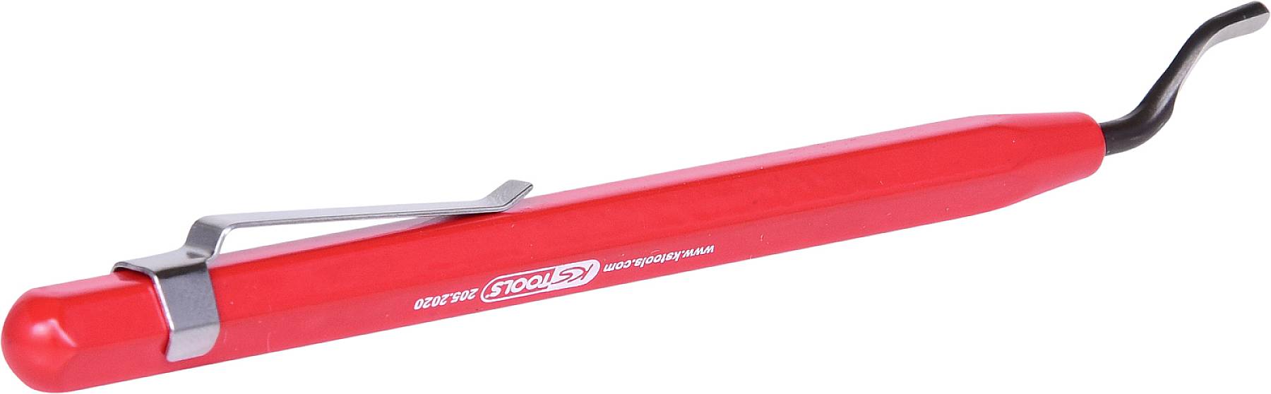 Czerwony łącznik przewodów z metalowym zaciskiem i wygiętym końcem, stosowany do łączenia przewodów elektrycznych lub elementów.