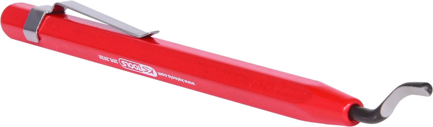 Czerwony gratownik z czarnym ostrzem i metalowym klipsem; używany do wygładzania i usuwania zadziorów z elementów z tworzyw sztucznych lub metalu.