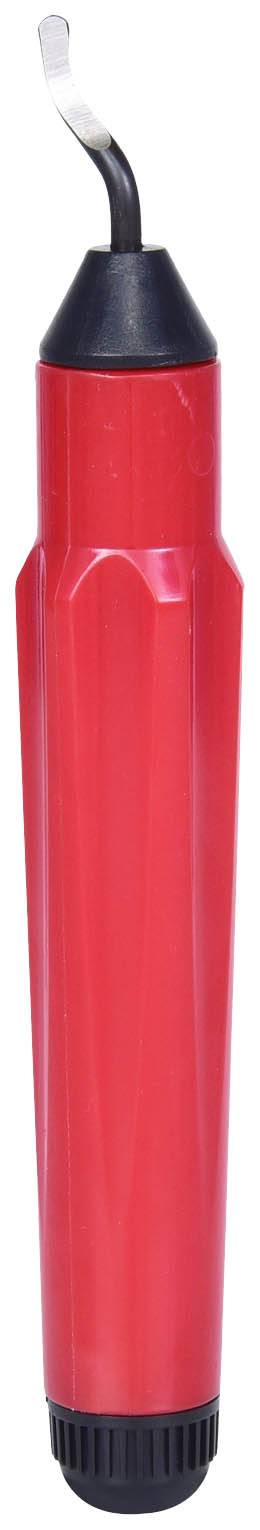 Czerwone narzędzie do usuwania zadziorów z czarną rękojeścią, wyposażone w ostry przyprawiony brzeg, przeznaczone do usuwania nierówności i zadziorów.