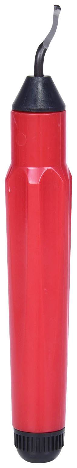 Czerwone narzędzie do gratowania z czarnym, wygiętym ostrzem, używane do wygładzania krawędzi w pracach metalowych lub z tworzyw sztucznych.