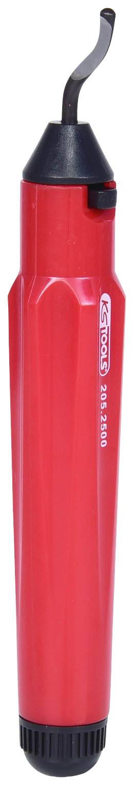 Czerwone narzędzie do gratowania z czarną rękojeścią i zakrzywioną klingą, przeznaczone do usuwania ostrych krawędzi podczas obróbki metalu.