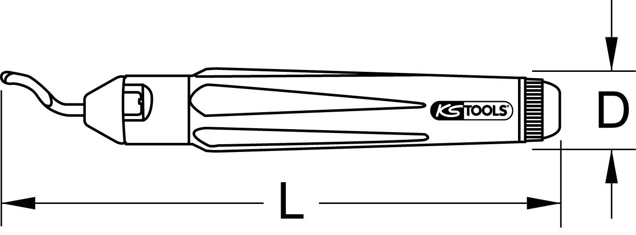 'Rysunek techniczny narzędzia KS do usuwania zadziorów z zaznaczonymi wymiarami: długość (L) i średnica (D).'