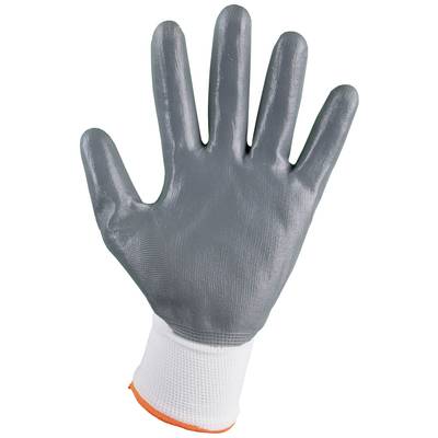 Szary rękawic roboczy z elastycznym białym mankietem, idealny do prac ochronnych w różnych środowiskach przemysłowych.