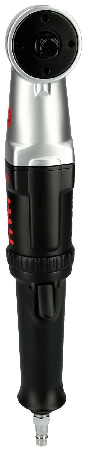 Pneumatyczny klucz udarowy z czarnym uchwytem i srebrną głowicą, z czerwonym napisem z boku. Narzędzie ręczne do prac mechanicznych.